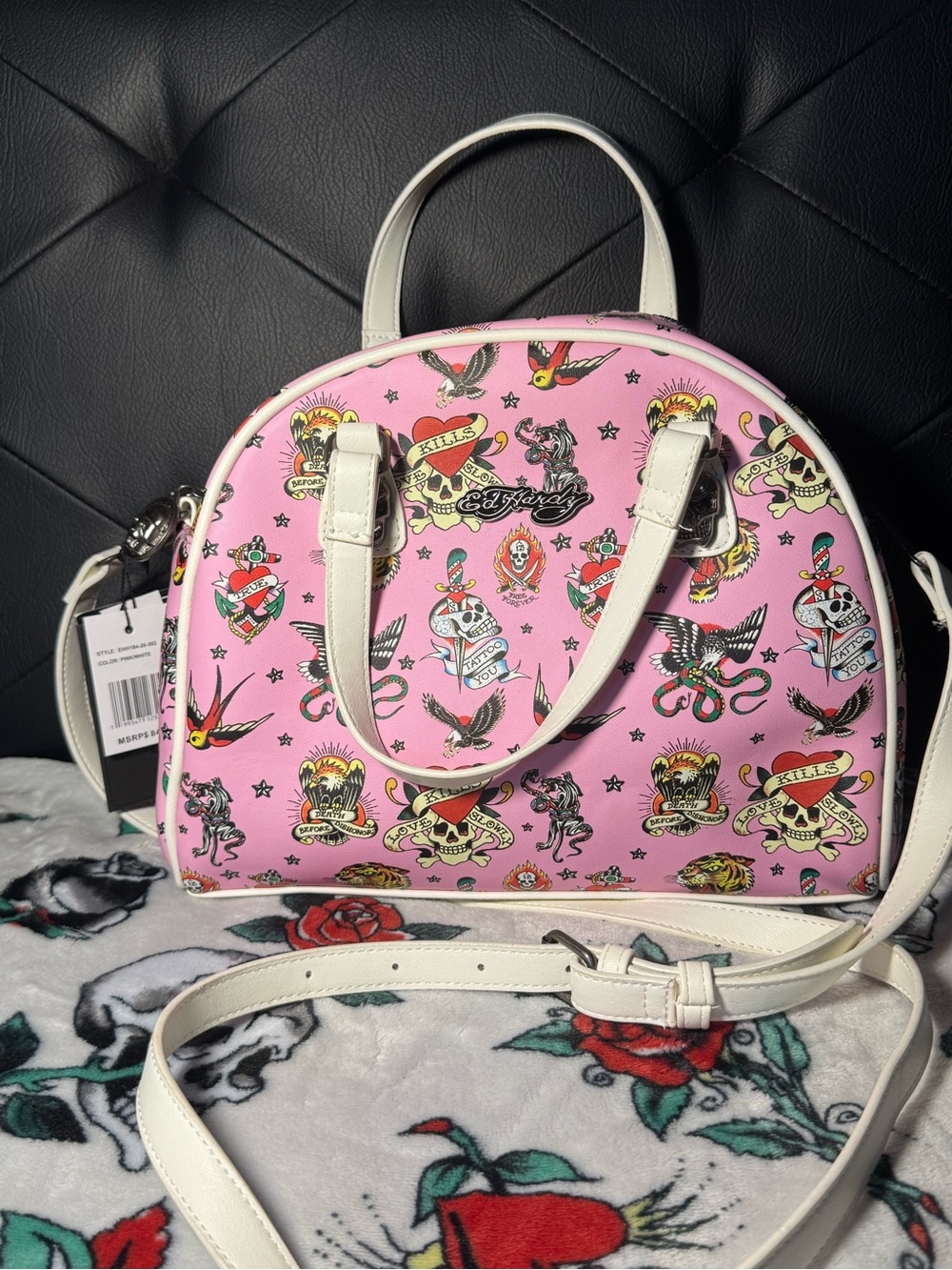 Ed Hardy Pink Tattoo-Print Dome Mini Satchel with White Trim